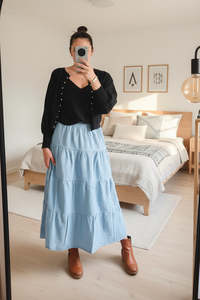 Pants Skirts: Tiered Victoria Maxi Skirt - Light Denim