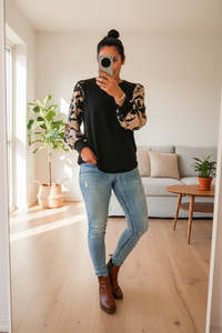 Tops: PRE-ORDER** Black Floral Sleeve Top - Sand