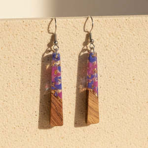 Purple/pink Gold Flake - Rectangular Wood & Resin Earrings