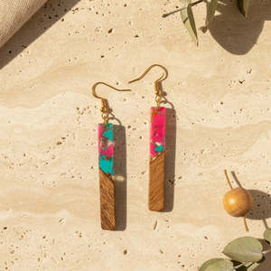 Bright Pink/Aqua Gold Flake Glam - Wood & Resin Earrings