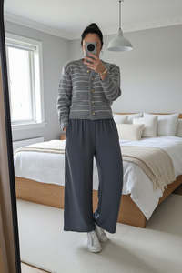 Grey - Eloise Striped Knit Cardigan