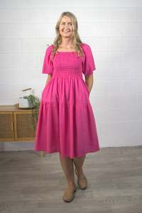 Plain Shirred Bust Louisa Dress - Hot Pink