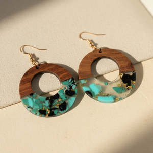 Natural Wood & Turquoise Resin Hoop Earrings