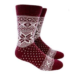 Last Chance: Norwool Wool Socks Snowflakes, Burgundy-White