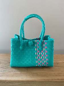 Hand Woven Bags: Hand Woven Tote Bag XS - Teal/Pink