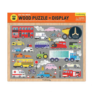 Wooden Puzzles: Mudpuppy Vehicles on the Move 100pc Puzzle + Display Stand