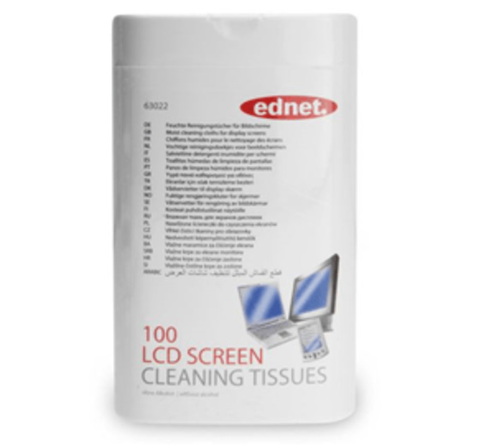 Products: LCD screen cleaning tissues for TFT screens, Notebooks and flat screens. Tub of 100 wipes. Gently and thoroughly removes fingerprints, dust, and dirt. The liquid is alcohol-free, does not leave streaks, and has an anti-static effect