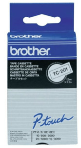 Products: Brother TC-201 12mm x 8m Black on White Label Tape