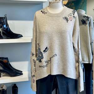 Tops: Zadig & Voltaire Multi Leaves Mastic Cashmere Sweater - SIZE S