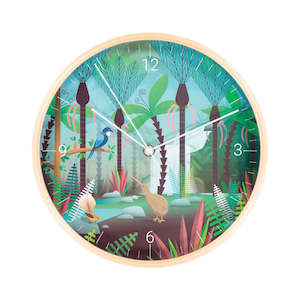 Clocks: Wall Clock Wooden NZ Scene Birds & Bush 25cm