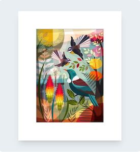 Art Decor 1: Dance of The Piwakawaka Pre-Matted Mini Print Art by Ellen Giggenbach