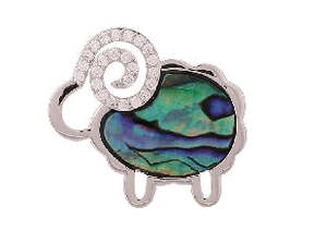 Accessories: Boxed paua koru sheep rhodium brooch