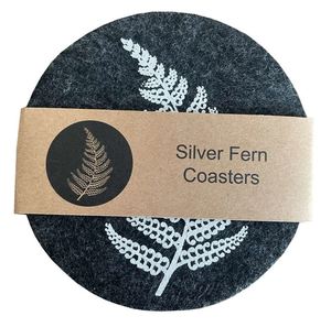 Coasters: Jo Luping Design - Silver Fern On Dark Grey Set of 4 - Ecofelt Coaster
