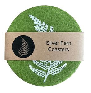 Jo Luping Design - Silver Fern On Green Set of 4 - Ecofelt Coaster