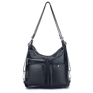 Womens Backpacks: Multi-Way Women's Leather Backpack - Black Shoulder & Crossbody Bag