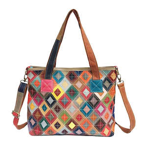 Tote Bags: Colorful Leather Tote Bag - Unique Patchwork Design for Every Occasion