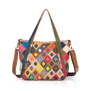 Versatile Leather Tote Bag with Colorful Patchwork – Handheld, Shoulder & Crossbody