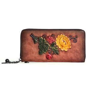 Womens Wallets: Vintage Embossed Leather Wallet with Wrist Strap for Women