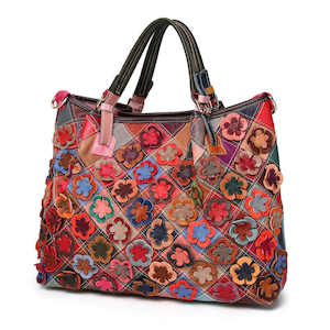 Womens Handbags: Leather Patchwork Handbag with Floral Design