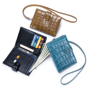 Wallets: RFID Croc-Embossed Cow Leather Passport Wallet with Neck Strap