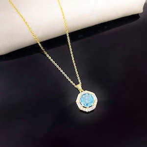 Dazzling Sky Blue Crystal and Sterling Silver Necklace with Gold Plating