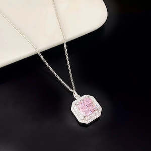 Chic Pink Crystal and Sterling Silver Necklace with Rhodium Plating