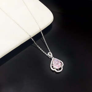 Pear Shape Pink Crystal and Sterling Silver Necklace with Rhodium Plating