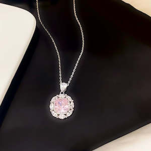 Enchanting Pink Crystal and Sterling Silver Necklace with Rhodium Plating