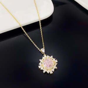 Silver: Elegant Floral Inspired PInk Crystal and Sterling Silver Necklace with Gold Plating