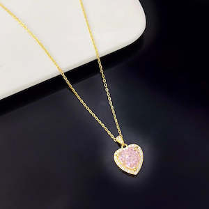 Charming Pink Heart Shape Crystal and Sterling Silver Necklace with Gold Plating