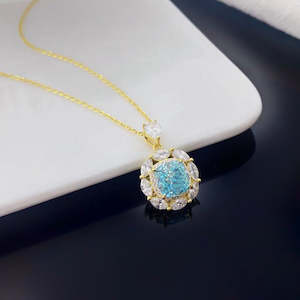Stunning Aqua Blue Crystal and Sterling Silver Necklace with Gold Plating