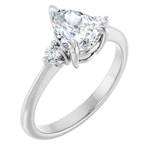 Engagement Rings Under 2000: Continuum Silver Pear Brilliant Moissanite Three Stone Engagement Ring