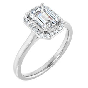 Engagement Rings Under 2000: Continuum Silver Emerald Shape Halo Moissanite Solitaire Engagement Ring