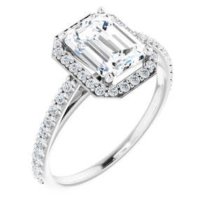 Moissanite Engagement Rings: Continuum Silver Emerald Shape Moissanite Halo Accented Engagement Ring