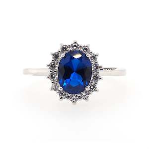 925 Sterling Silver Oval Created Sapphire Halo Ring