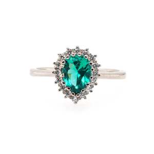 Silver Rings: 925 Sterling Silver Pear Shape Emerald CZ Halo Ring