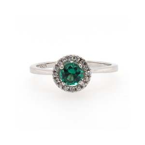 Silver Rings: 925 Sterling Silver Emerald CZ Halo Ring