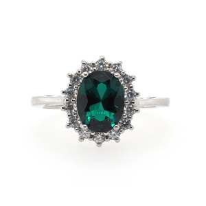 925 Sterling Silver Created Emerald Halo Ring