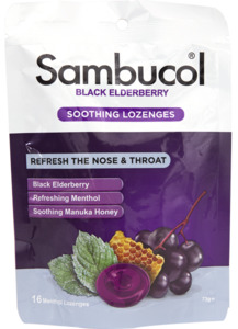 Sore Throat Lozenges: Sambucol Soothing Nose & Throat Lozenges 16s