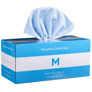Cloths: Microfibre Cloths Dispenser Box, Blue, 300mm x 300mm (50)
