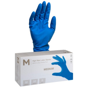 High Risk Disposable Latex Gloves, Heavy Duty , Blue, Medium, 300mm (50)