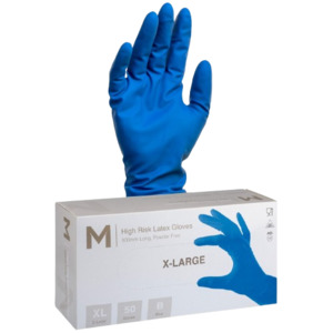 High Risk Disposable Latex Gloves, Heavy Duty , Blue, XL, 300mm (50)