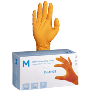 Nitrile Orange Diamond Gloves Heavy Duty, XL (100) (clearance)
