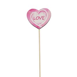Nordic Wooden Printed Heart Pick 5.6Wx5Hx28Lcm Pk/12 - Pink/White Oceans Floral