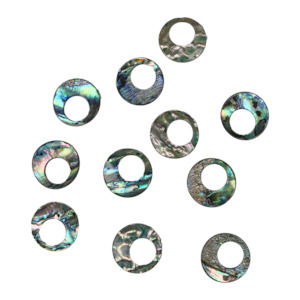 Products: SHELL BLANK PAUA - CIRCLE OFFSET HOLE - NATURAL CURVE, GROUND BACK, TUMBLED POLISHED