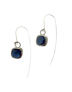 Cushion setting on Statement Ear Wires Silver/ Sapphire Blue