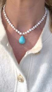 Turquoise Faux Pearl & Freshwater Nugget Pearl Necklace on Sterling Silver