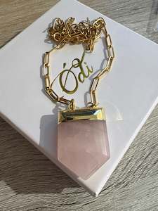 Rose Quartz Gemstone Paperclip Necklace Gold Stainless Steel