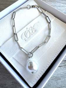 Pearls: Baroque Pearl Bracelet on Stainless Steel Paper Clip Chain