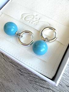 Pearl Rounds Turquoise on Stainless Steel Gold or Silver Hoops or Huggies